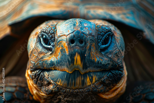 A wise old tortoise basking in the sun, its wrinkled skin a testament to its age and experience. Concept of longevity and resilience. Generative Ai. © Sebastian