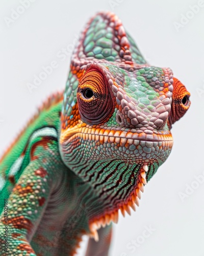 Mystic portrait of Meller's Chameleon, copy space on right side, Anger, Menacing, Headshot, Close-up View Isolated on white background photo