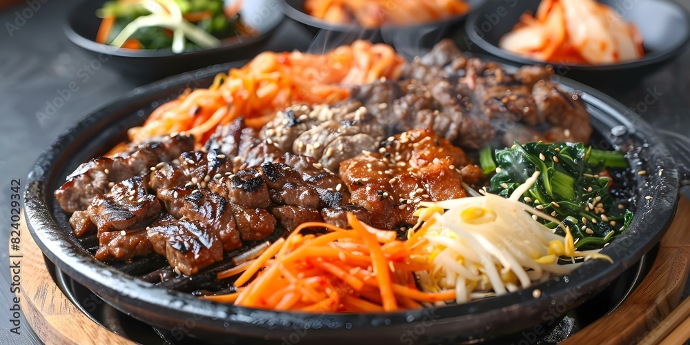 A sizzling plate of bulgogi with colorful banchan side dishes. Concept Korean Cuisine, Bulgogi, Banchan, Food Photography, Colorful Dishes A sizzling plate of bulgogi with colorful banchan side dishes. Concept Korean Cuisine, Bulgogi, Banchan, Food Photography, Colorful Dishes