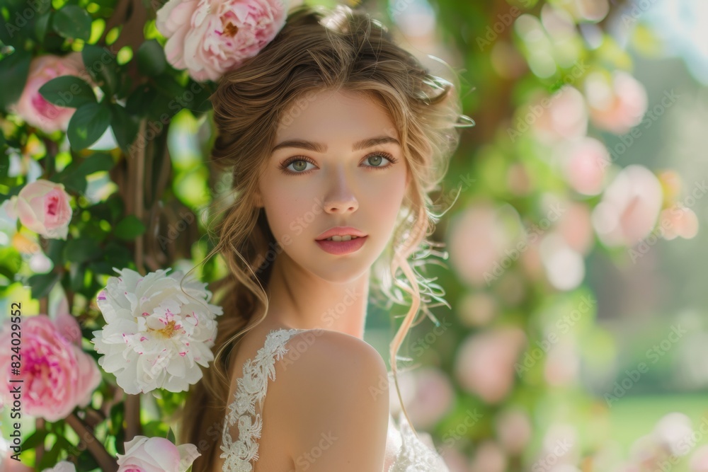 Fototapeta premium beautiful caucasian bride in white dress posing with roses bushes in the garden for wedding photoshoot 