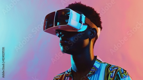 Man immersed in virtual reality experience with vibrant background colors.