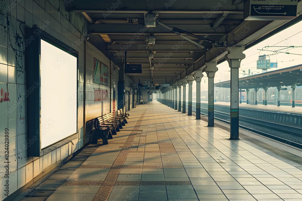 A blank empty canvas poster screen board hanging on a wall at a railway station. A blank empty canvas poster screen board hanging on a wall at a railway station.