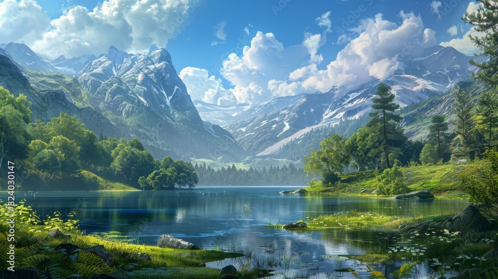 A stunning landscape featuring towering mountains and a glistening lake under a clear sky