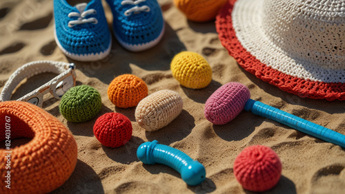 Charming Crochet Illustration of Beach Accessories on the Sand
