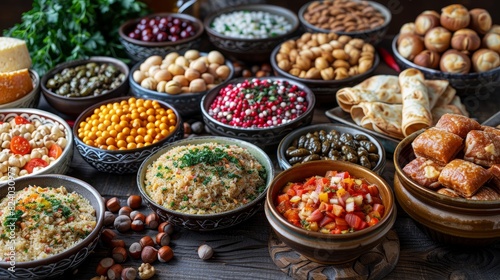 Traditional Azerbaijan holiday Novruz background with green semeni,traditional azerbaijan sweets,shekerbura,qogal,paxlava,mutaki and different nuts and sweets,top view,space for copy 