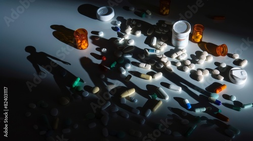 A stark contrast image with shadow figures surrounding scattered pills and prescription bottles, hinting at a health crisis.