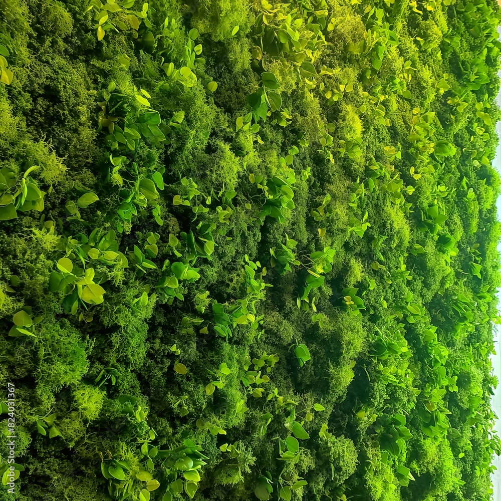 A wall of green, living moss, its soft, lush texture inviting touch and adding a vibrant splash of nature to the indoor environment, purifying the air and soothing the soul.