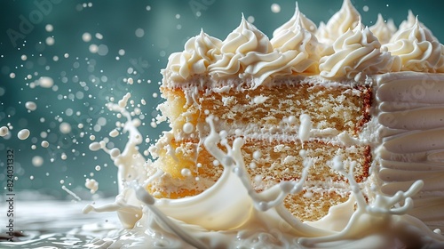   A close-up of a cake with white frosting and sprinkles on top