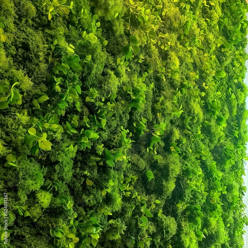 A wall of green  living moss  its soft  lush texture inviting touch and adding a vibrant splash of nature to the indoor environment  purifying the air and soothing the soul.
