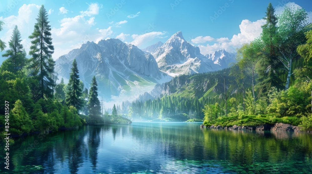 A lake surrounded by tall trees with majestic mountains in the background A lake surrounded by tall trees with majestic mountains in the background