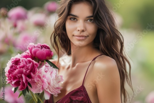 beautiful hispanic woman with burgundy color peonies and dress in the garden or park