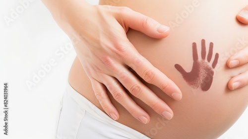 A symbolic image of a pregnant belly with a handprint  denoting the connection between mother and child.