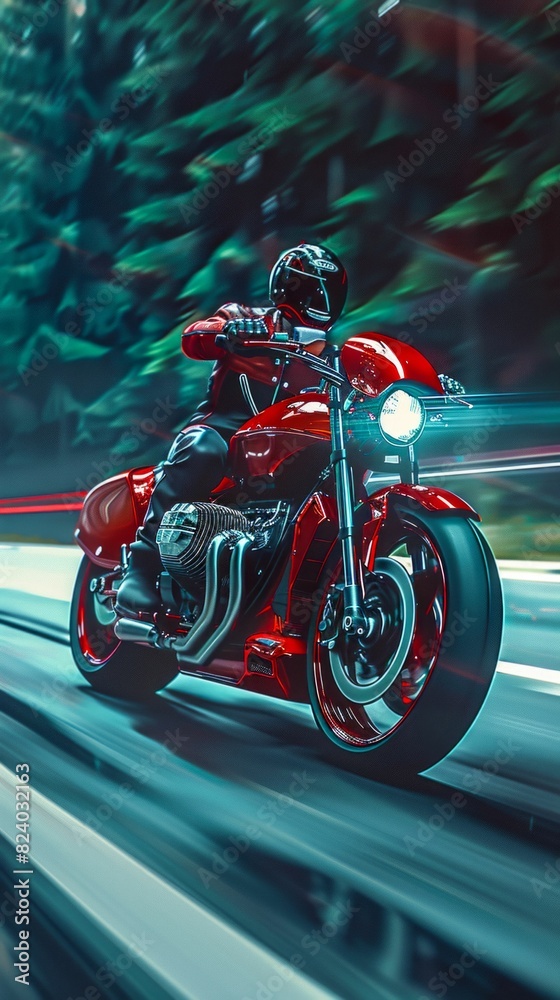 Fototapeta premium Speeding Motorcycle on a Forest Road. Generative ai