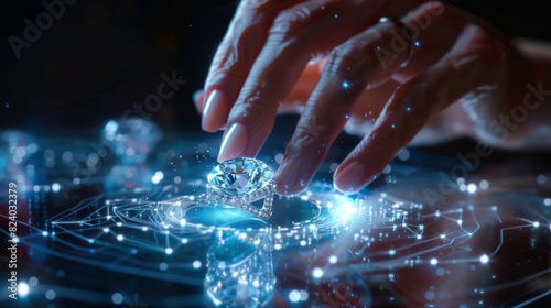 A jeweler using hand gestures to manipulate a virtual diamond on their holographic display finetuning its placement in a digital ring design.