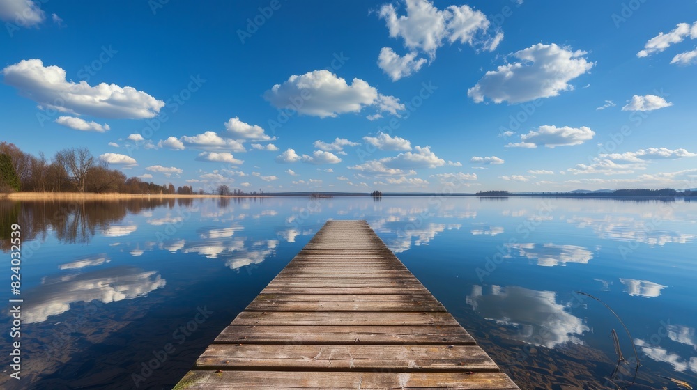 Fototapeta premium A wooden dock juts out into a calm lake, with fluffy clouds reflected in the rippling water below