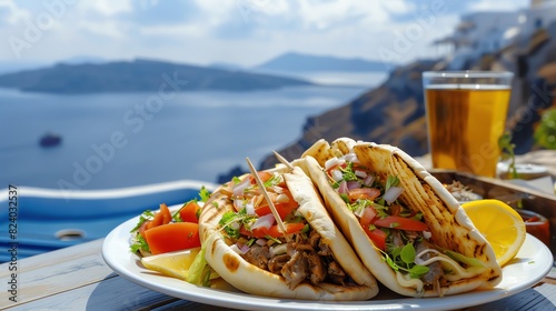 delicious meat sandwiches with sea and mountains in the background