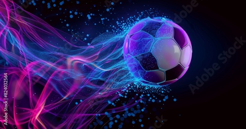 Futuristic Soccer Ball with Neon Trail.
A futuristic soccer ball with a glowing neon trail, set against a dark background, creating a dynamic and energetic visual effect.