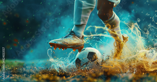 Dynamic Soccer Kick with Artistic Effects. Close-up of a soccer player’s foot kicking a soccer ball, enhanced with vibrant artistic effects and motion blur. photo