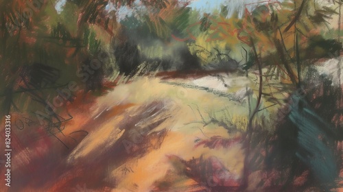 An abstract pastel drawing portraying a warm  sun-kissed landscape with hints of foliage and a winding path.