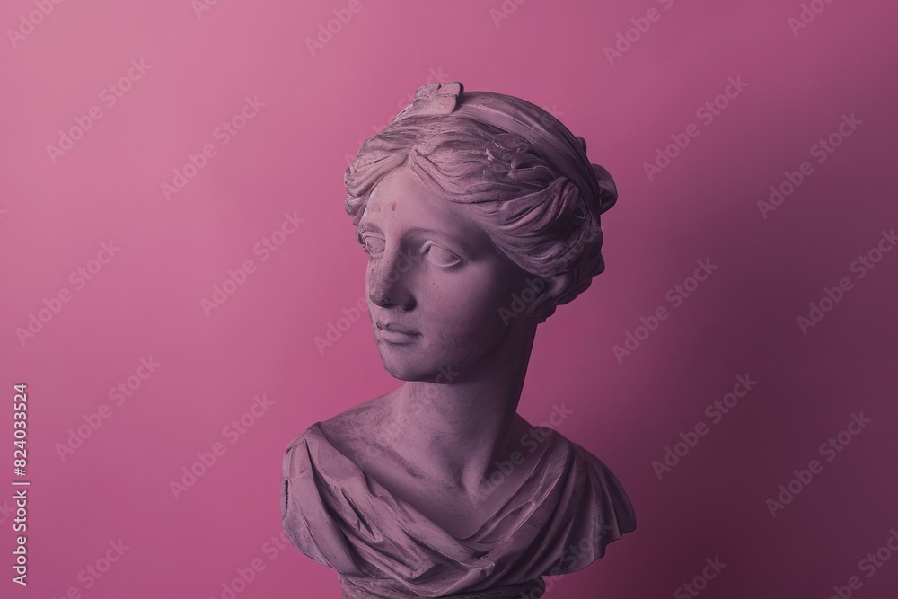 Elegant plaster sculpture of a female head and bust on a vivid pink backdrop