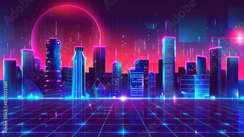 Cyberpunk city of cityscape night with retro wave future glowing purple neon light. AI generated