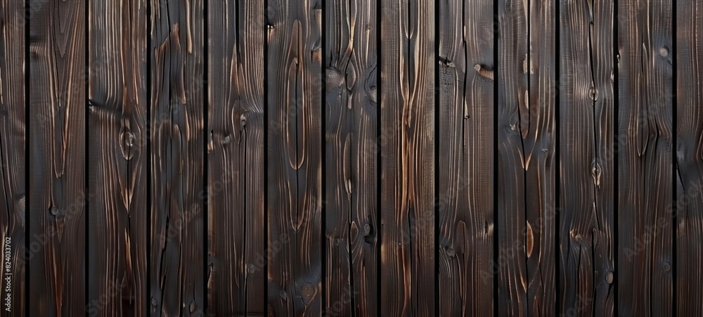 Fototapeta premium Dark brown wooden wall background with vertical planks. Wooden texture for backgrounds