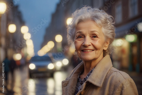 Portrait of an elderly woman on a city street at night in time of rain.