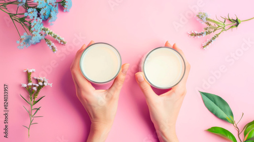 A woman s hand is gracefully holding two cups of milk against a pink background  showcasing the beauty of human body gestures with a touch of floral essence