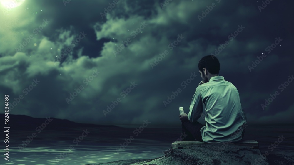 Fototapeta premium A solitary man sits on the shore, lost in thought under a starry sky, with a glowing moon illuminating the tranquil lake waters.