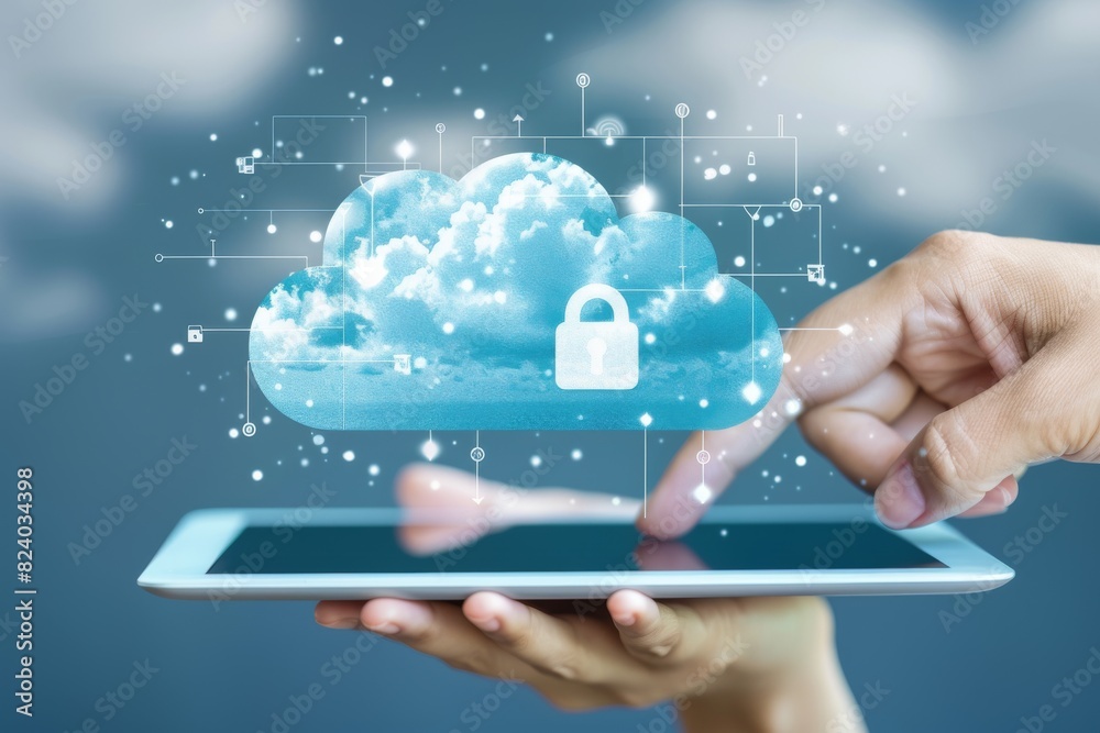 Hand presenting a glowing cloud with a lock, representing secure cloud storage and data protection in a serene digital tablet setting. Hand presenting a glowing cloud with a lock, representing secure cloud storage and data protection in a serene digital tablet setting.