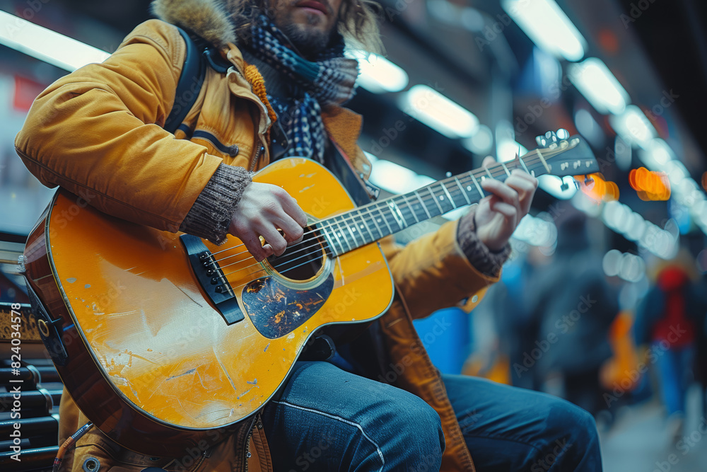 Obraz premium A musician playing a guitar in a crowded subway station. Concept of talent and public performance. Generative Ai.