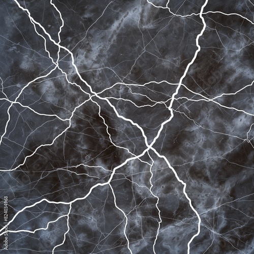 An abstract marble texture with a network of crackling  lightning-like white veins zapping across a dark  thunderous grey backdrop.