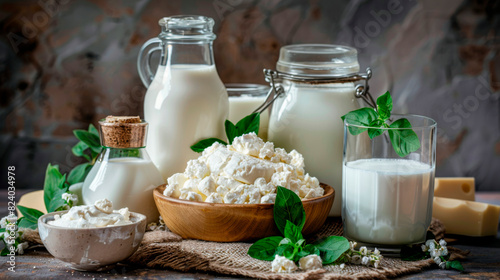 Milk products. tasty healthy dairy products on a table. sour cream in a bowl, cottage cheese bowl, cream in a a bank and milk jar, glass bottle and in a glass.