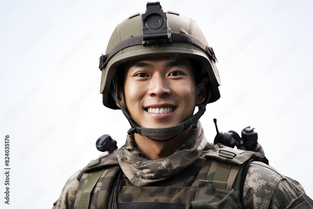 Smiling asian man on white background. War-related topics. War news. Military recruitment. Military service. World War. Asia man. Asian. China. Japan.. Image for graphic designer. IA. Smiling asian man on white background. War-related topics. War news. Military recruitment. Military service. World War. Asia man. Asian. China. Japan.. Image for graphic designer. IA.