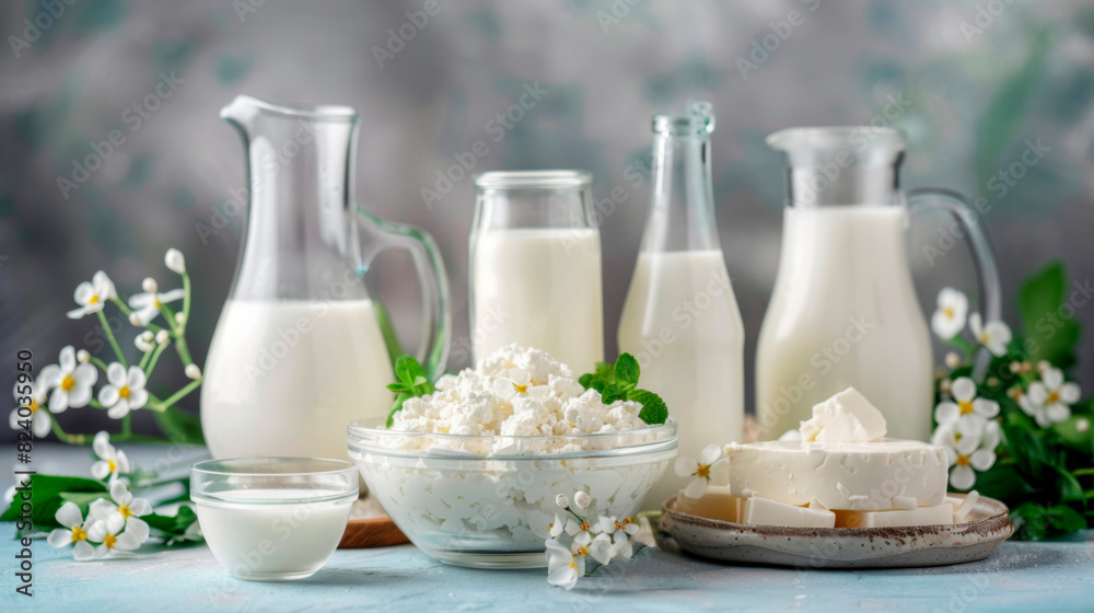 A variety of dairy products are displayed on the table, including white liquid ingredients for recipes and drinks A variety of dairy products are displayed on the table, including white liquid ingredients for recipes and drinks