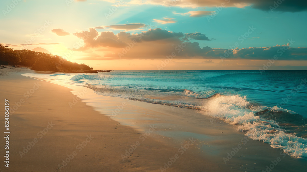 The sun sets over a secluded beach, casting a golden light on the soft waves and sandy shore, evoking a sense of peace The sun sets over a secluded beach, casting a golden light on the soft waves and sandy shore, evoking a sense of peace