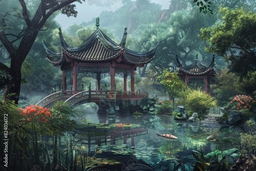 Tranquil Asian garden with a traditional pavilion and arched bridge over a misty pond.