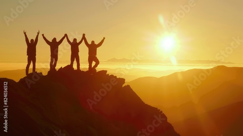 A group of friends celebrating their success on reaching the summit of a mountain. AIG535