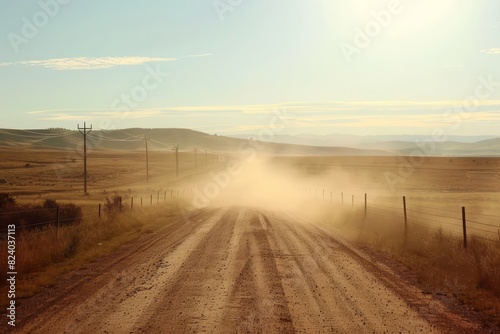 Dusty country road with sunlight casting a warm glow in a rural landscape photo
