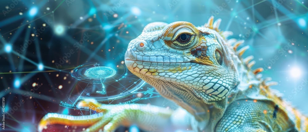 A closeup charismatic half body of a lizard in a space explorer outfit