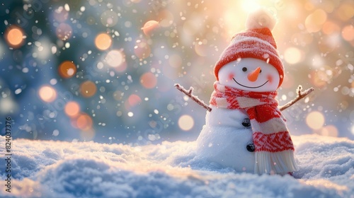 Winter holiday christmas background banner - Closeup of cute funny laughing snowman with wool hat and scarf, on snowy snow snowscape with bokeh lights realistic