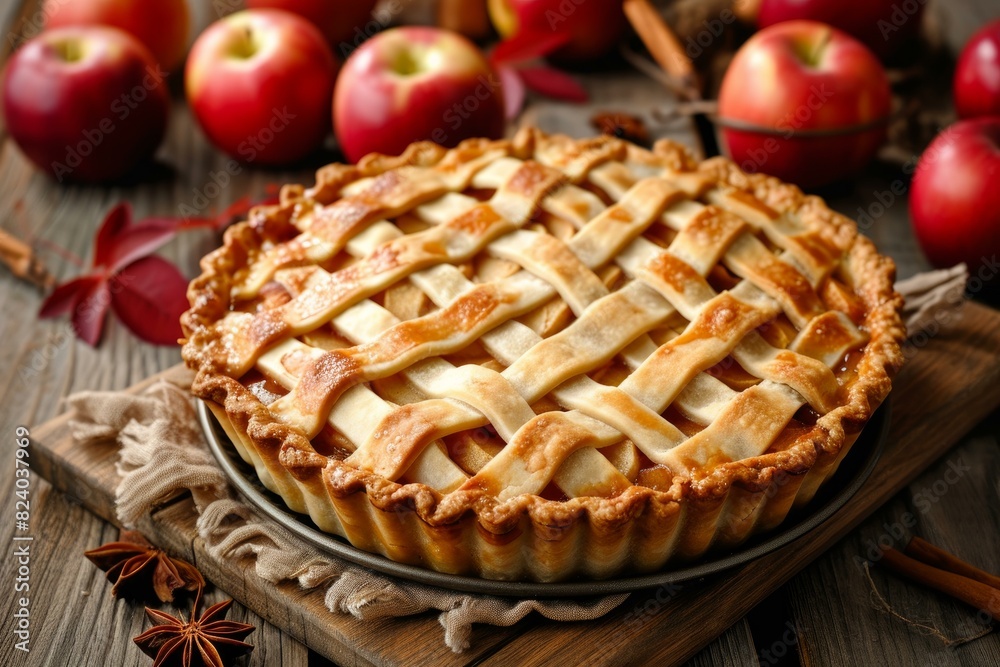Freshly baked apple pie with lattice crust, surrounded by raw apples and spices Freshly baked apple pie with lattice crust, surrounded by raw apples and spices