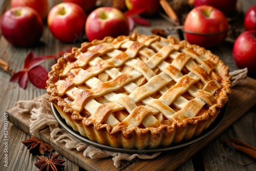 Freshly baked apple pie with lattice crust, surrounded by raw apples and spices photo