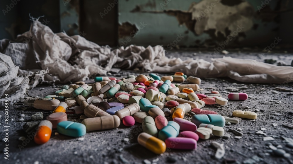 Obraz premium A gritty image showcasing a variety of scattered medications on a dilapidated floor, conveying a message of despair and carelessness.