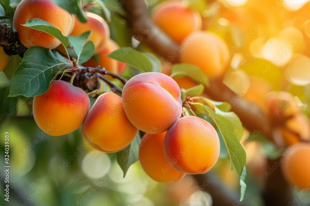 Sunlit ripe apricots ready for harvest, hanging on a tree with green leaves