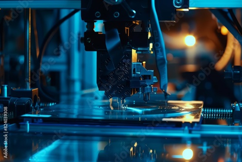 A closeup of advanced 3D printing machinery in action