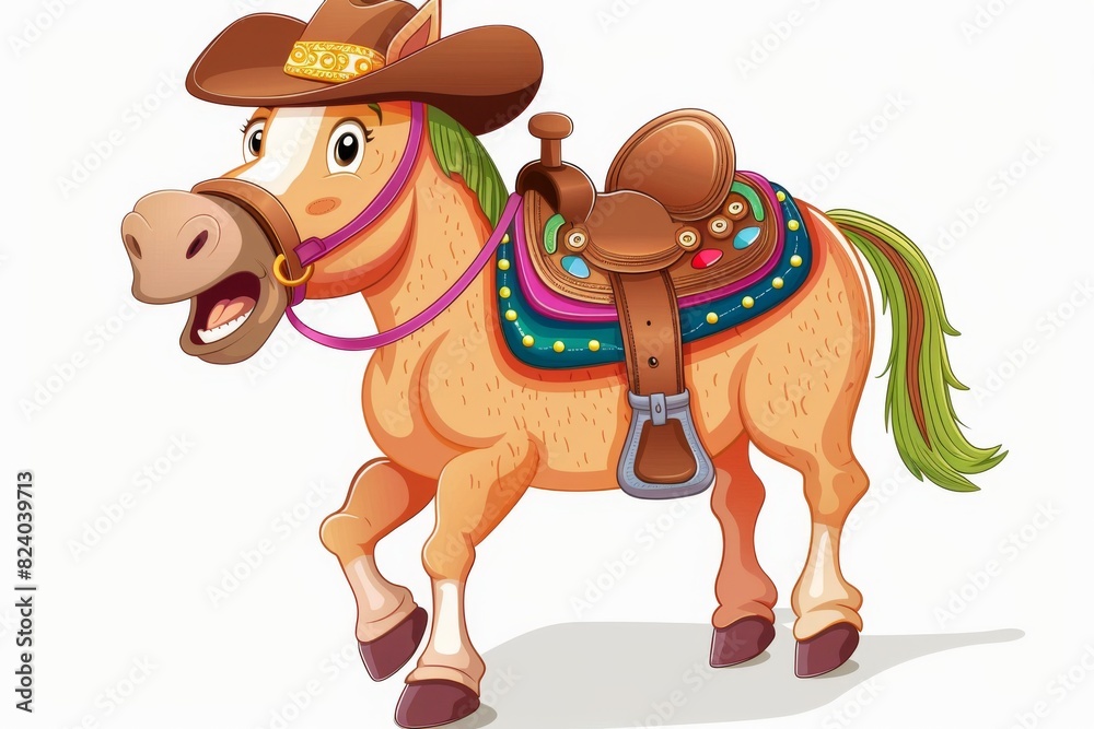 A joyful horse with a vibrant saddle and a cowboy hat, spreading laughter. The illustration stands out against a clear white background. A joyful horse with a vibrant saddle and a cowboy hat, spreading laughter. The illustration stands out against a clear white background.
