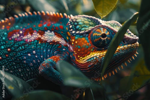 Get lost in the mesmerizing close-up of a chameleon as it blends seamlessly into the vibrant foliage of the Costa Rican jungle.