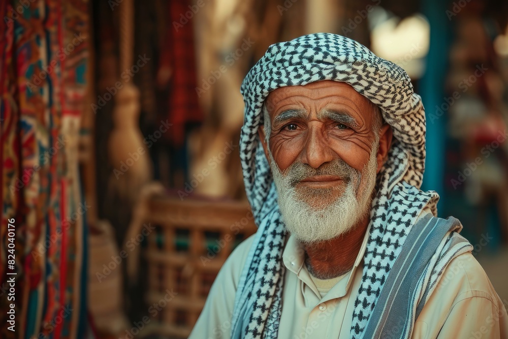 Portrait of a senior arab man wearing a keffiyeh, depicting a warm, welcoming smile in a local market setting