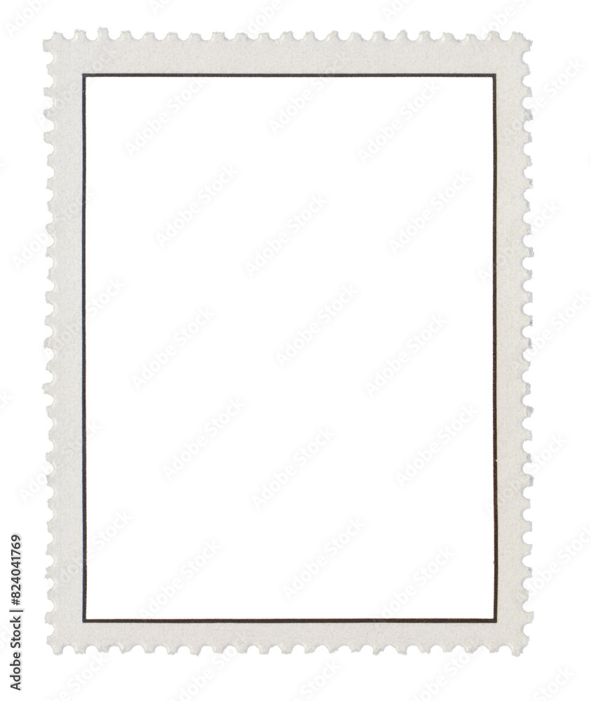 blank postage stamp template with black frame around the design space on transparent background